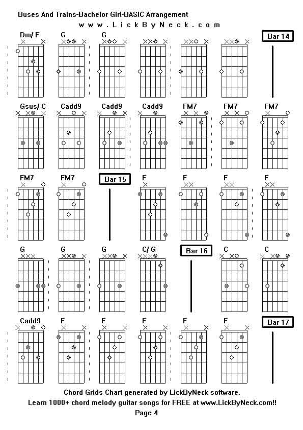 Chord Grids Chart of chord melody fingerstyle guitar song-Buses And Trains-Bachelor Girl-BASIC Arrangement,generated by LickByNeck software.